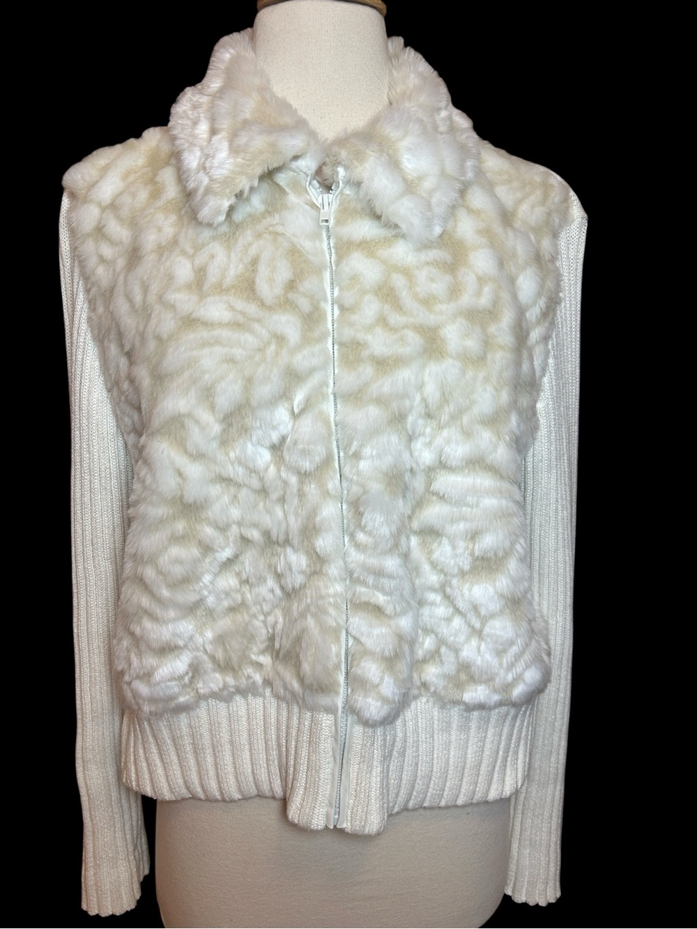 Y2K 90s Tiara International ivory faux fur knit full-zip Crop sweater jacket PXL